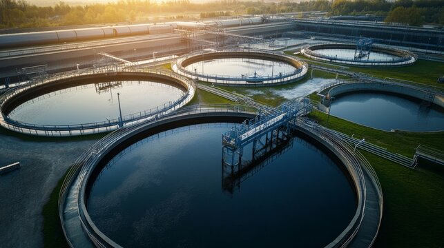 Modern wastewater treatment basins seen from above during morning light with empty sky space for text