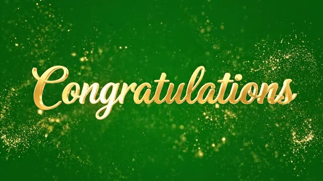 Golden congratulations text, green background, celebratory message, shiny gold letters video 4k ai