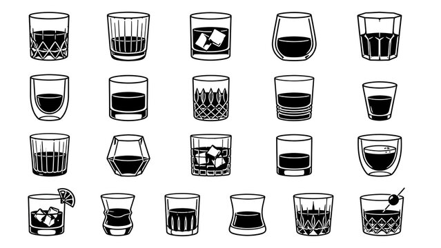 A set of icon 24 diverse short cafe and whiskey glass icons for menu and barware design.