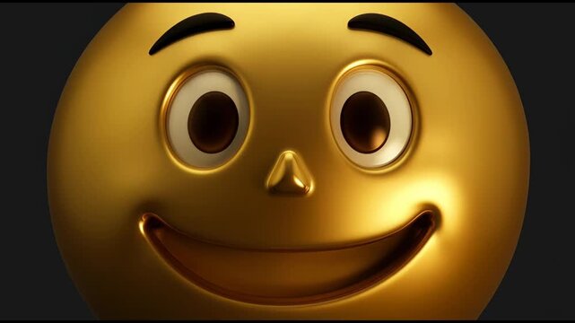 Close up of a 3d golden smiley face emoji with a friendly expression and shiny metallic texture