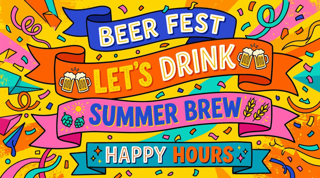 Vibrant beer fest banner with colorful ribbons and confetti for summer brew happy hours celebration