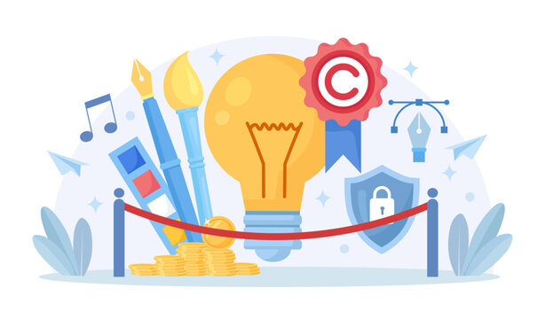 Copyright Objects Set. Intellectual Property and Brand Patent Protection. Authorship Rights and Legislation. Vector Illustration