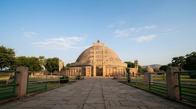 Great stupa of sanchi ancient buddhist monument in madhya pradesh india showing detailed stone carvings and hemispherical dome structure during clear daylight with historic architecture background.