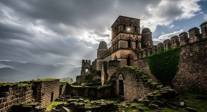 Ancient Ethiopian Castle Ruins Under Dramatic Stormy Skies.