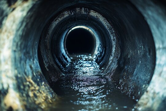 Clogged sewer pipe with waste buildup and dirty water blocked inside pipe captured in dramatic lighting