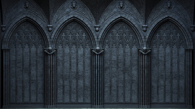 Abandoned night castle with a large gothic window or crypt