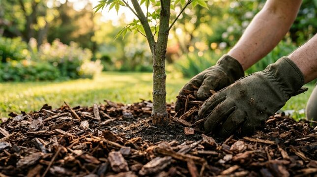 Gloved hands spreading mulch around young tree in garden