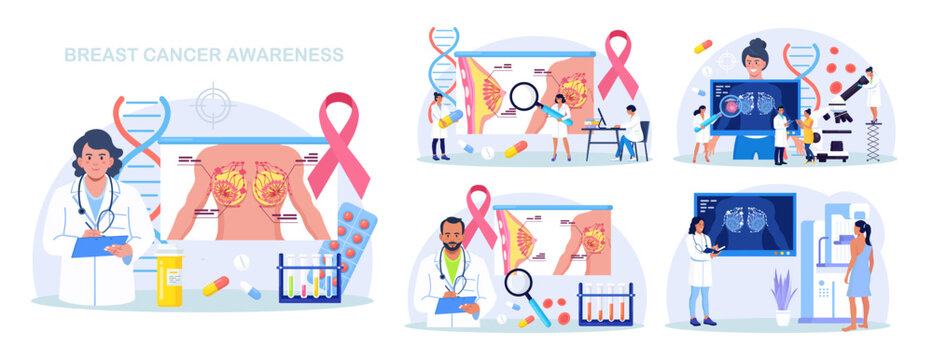 Breast Cancer. Doctors Mammologist Examining Mammary Glands, Analyzing Blood Tests. Breast Ultrasound and Mammography. Oncology Chemotherapy and Tumor removal, Biopsy Screening. Vector illustration