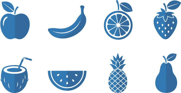 Set of blue fruit icons featuring apple banana orange slice strawberry coconut drink watermelon slice pineapple and pear.