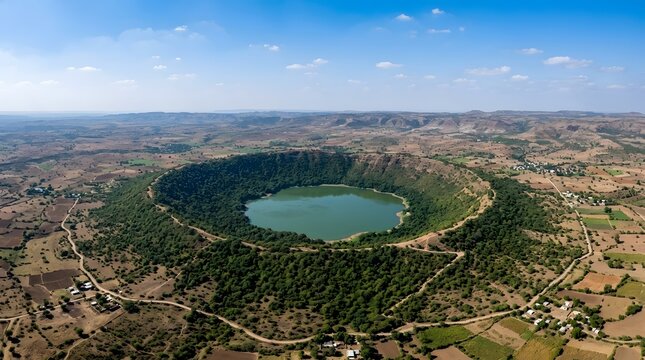 Aerial view of a striking green lake nestled within the Lonar crater, surrounded by lush forest and dry farmlands under clear blue sky.