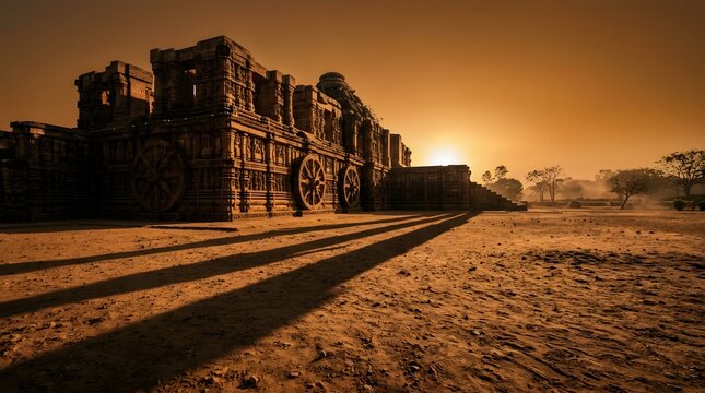 Majestic sun temple architecture at sunset in Odisha India exhibiting detailed chariot wheel carvings with dark silhouettes and long cast shadows across barren landscape under warm glowing orange sky.