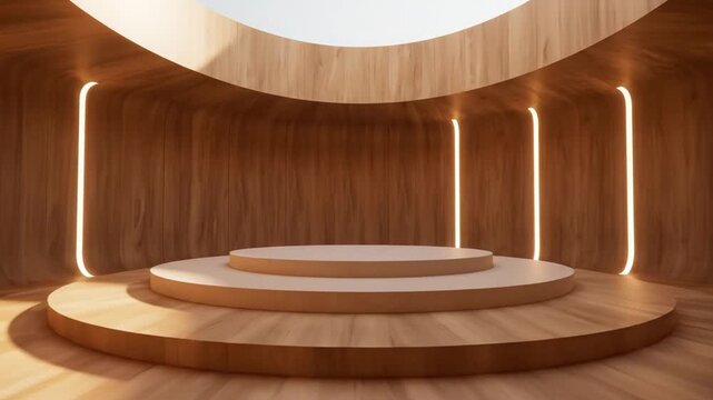 Modern minimalist interior with curved warm-toned wooden walls, a central tiered circular wooden platform, integrated vertical LED lighting, and a round ceiling skylight oculus.