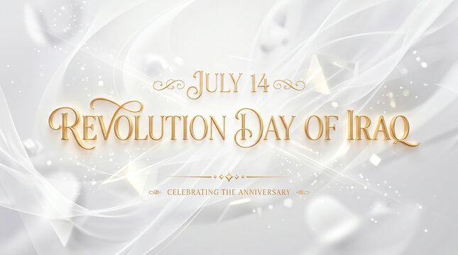 July 14 revolution day of iraq celebration anniversary gold text on white background with swirling design
