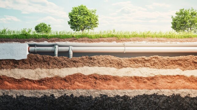 Cross section showing soil layers and underground drainage pipes in a natural setting with trees and grass above