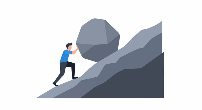 Man pushing a large rock uphill against a rocky slope