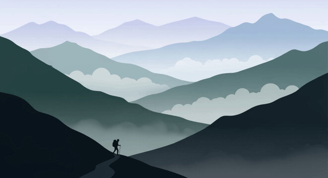 Hiker ascending a steep mountain path in a layered, cloudy mountain range, evoking a sense of challenge and determination.
