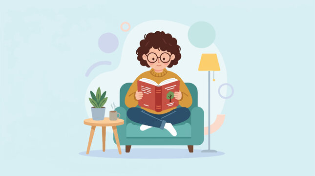 Cozy home scene of a person reading a book on a sofa in a bright living room illustration.