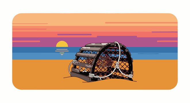 Lobster trap sits on sandy beach at sunset