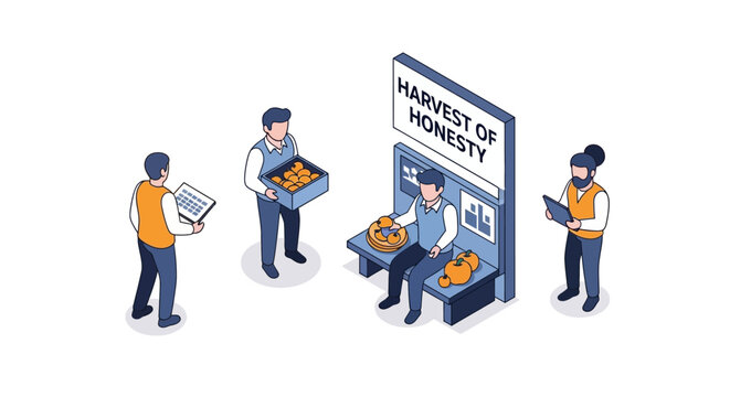 Isometric Illustration of Harvest of Honesty Concept with People.