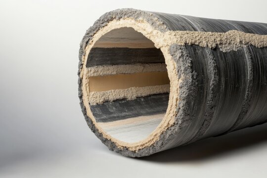 Cutaway view shows buildup and cleaning process inside a pipe with layers on a neutral background