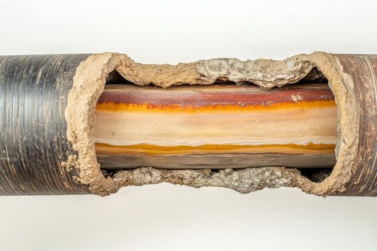 Cutaway view showing pipe layers with buildup and cleaning process over time