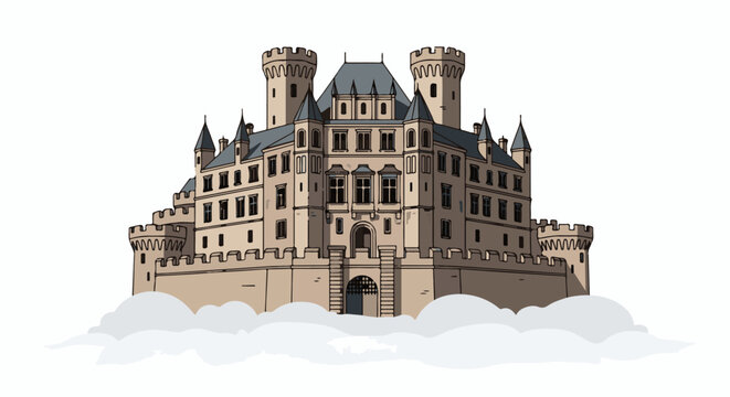 Majestic, imposing medieval fortress structure with multiple towers, battlements, and windows, rising from clouds