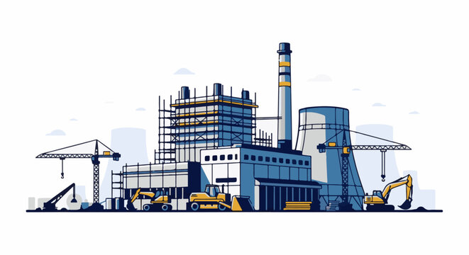 Industrial complex under construction with cranes and excavators