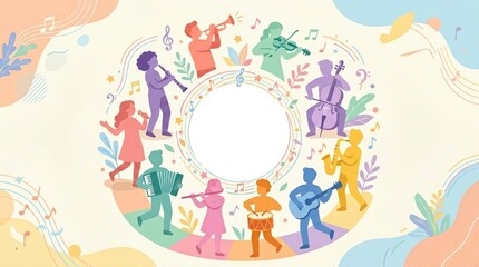Naklejka premium Diverse group of musicians playing instruments in colorful circular arrangement