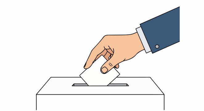 Hand in suit casting blank ballot into white voting box