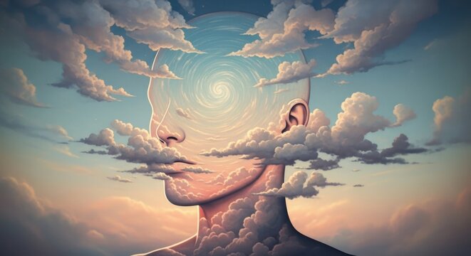 Surreal human face formed by clouds against a sunset sky, representing dreams and imagination.