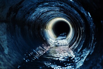 Fototapeta premium Dark underground sewer tunnel with industrial wastewater flowing through a round concrete pipe at night