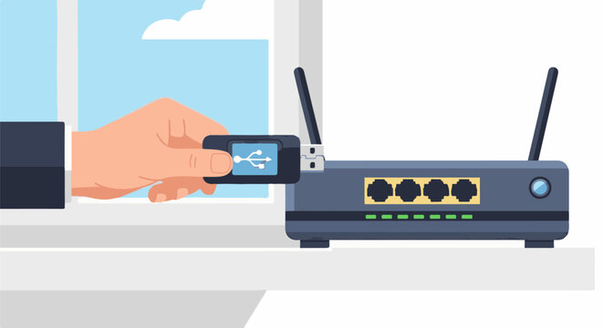 Hand inserts USB drive into router with ports and antennas