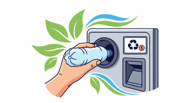 Hand inserts plastic bottle into recycling machine with leaves