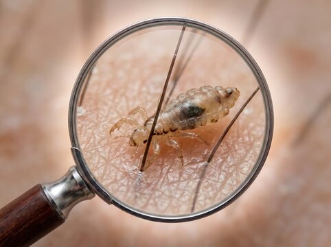 Close-up of a head louse under a magnifying glass