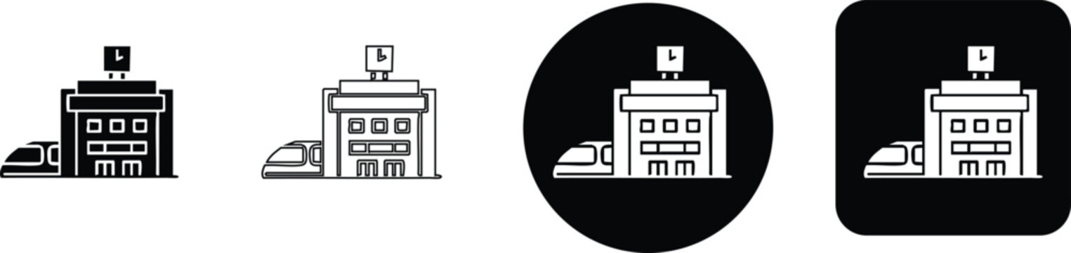 Modern Railway Station Icon Set Featuring Train Terminal Building and High Speed Locomotive in Various Graphic Styles