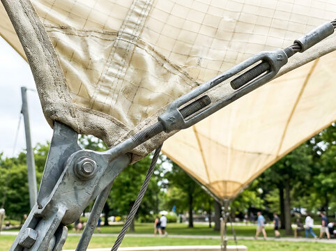Close-up of a weathered fabric tensile structure with visible turnbuckle and support cables against a blurred park background