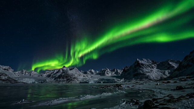 Powerful green Aurora Borealis arching over a vast snow-covered mountain range and icy valley under a starry night sky