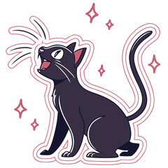 Black cat sticker with sparkles in cartoon style. © MstMonwara