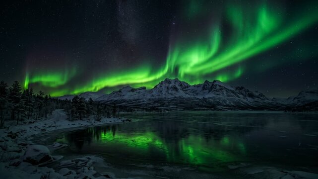 Powerful green Aurora Borealis arching over a vast snow-covered mountain range and icy valley under a starry night sky
