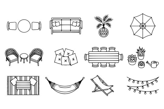 Top View Balcony Furniture Line Icon Set &ndash; Outdoor Patio Layout Vector Collection