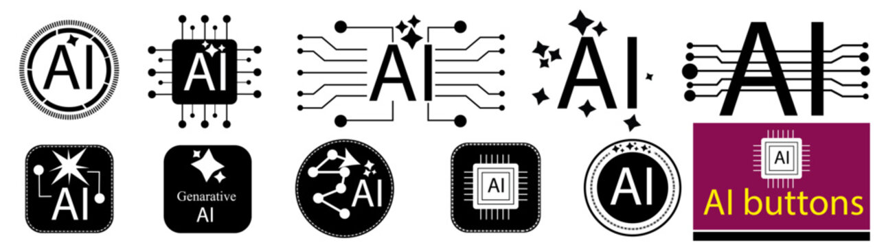 Artificial Intelligence Icon Set: Black and White AI Vector Graphics, Neural Network Circuit Symbols, and Generative AI Buttons for Tech Design