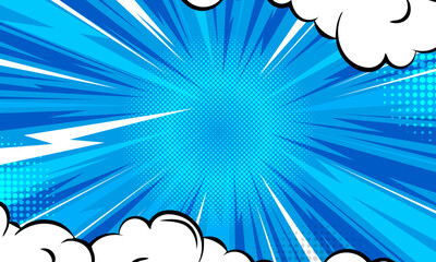 Blue Comic Zoom Background with Speed Lines and Cartoon Clouds © MustikaRatna