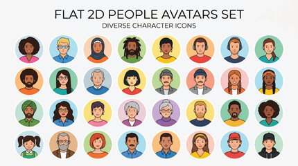 Obraz premium Diverse flat avatar portraits collection featuring a multicultural group of people for social media and design.