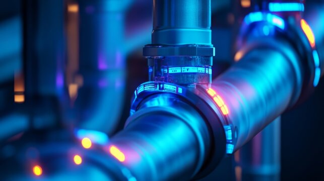 Futuristic water monitoring system with glowing sensors attached to pipes in a high-tech environment