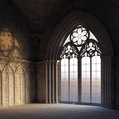Naklejka premium Abandoned castle with a large gothic window sunset rays