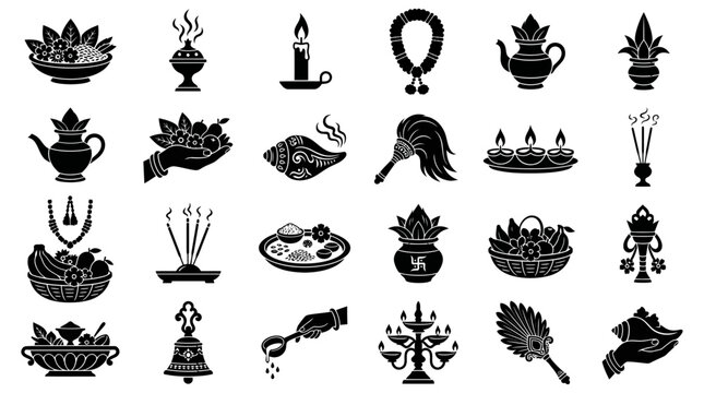 A collection of black and white silhouette icons representing Hindu religious and cultural symbols used in worship and traditions