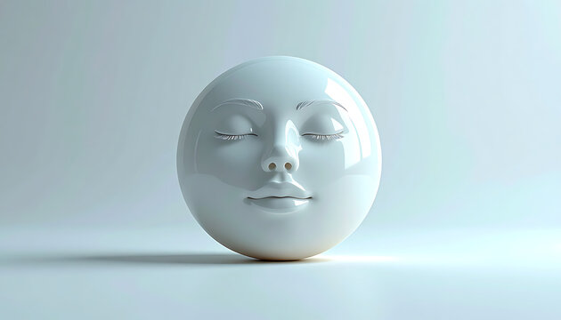 A serene, stylized egg with a human face embossed, closed eyes, and subtle eyelashes, set against a soft, minimalist background with gentle shadow