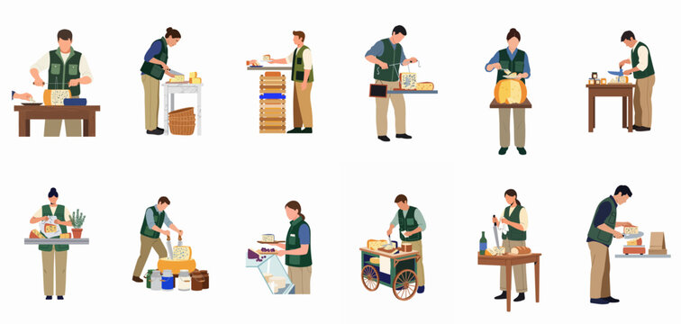 Vector illustration set of cheese shop workers cutting, weighing, serving, and selling various types of artisan cheese in different market and deli settings.