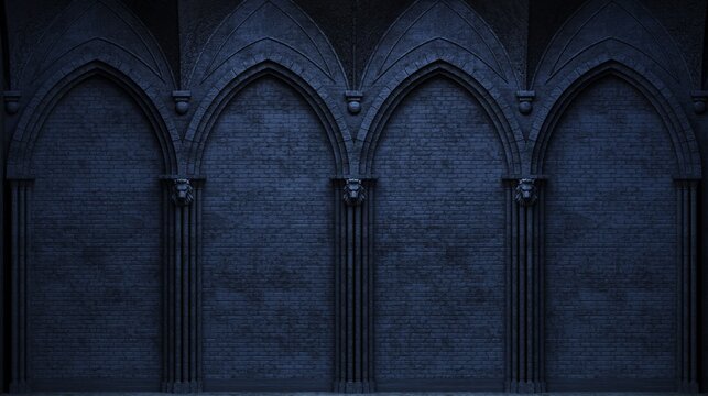 Abandoned night castle with a large gothic window or crypt