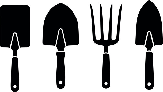 Gardening tools collection spade trowel cultivator and hand trowel silhouette